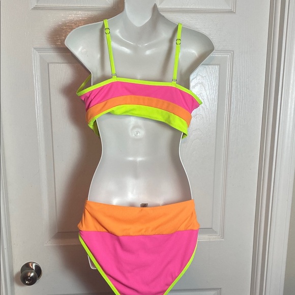 Neon Colorblock High-Waist Bikini Set - Pink & Orange - Picture 6 of 10